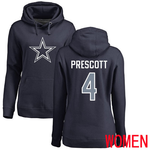 Women Dallas Cowboys Navy Blue Dak Prescott Name and Number Logo 4 Pullover NFL Hoodie Sweatshirts